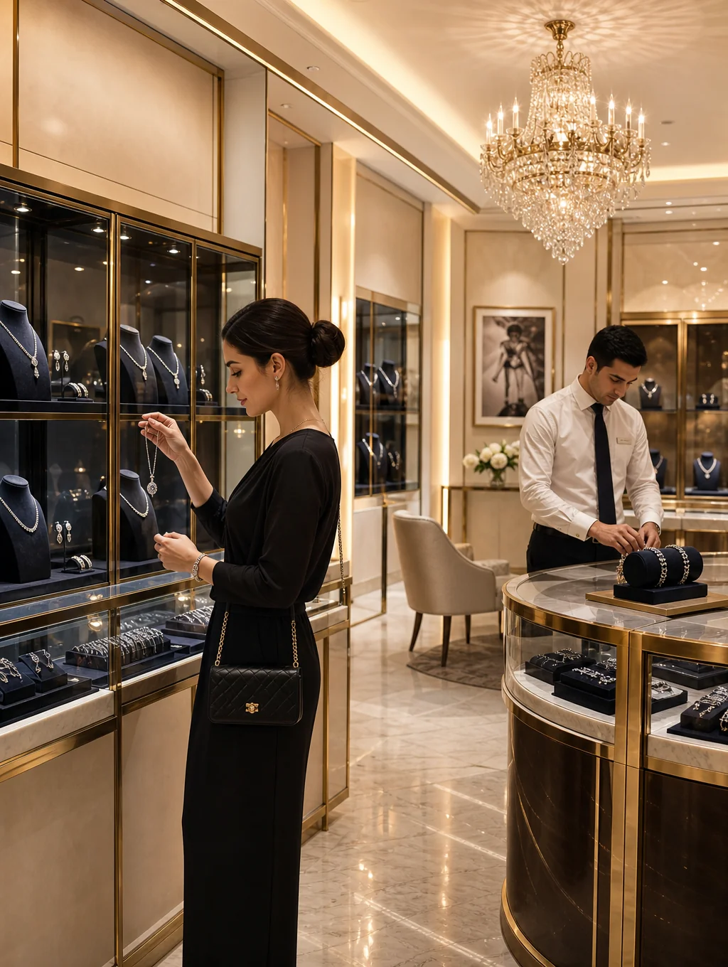Shopkeeper helping a customer choose accessories at TABLECO